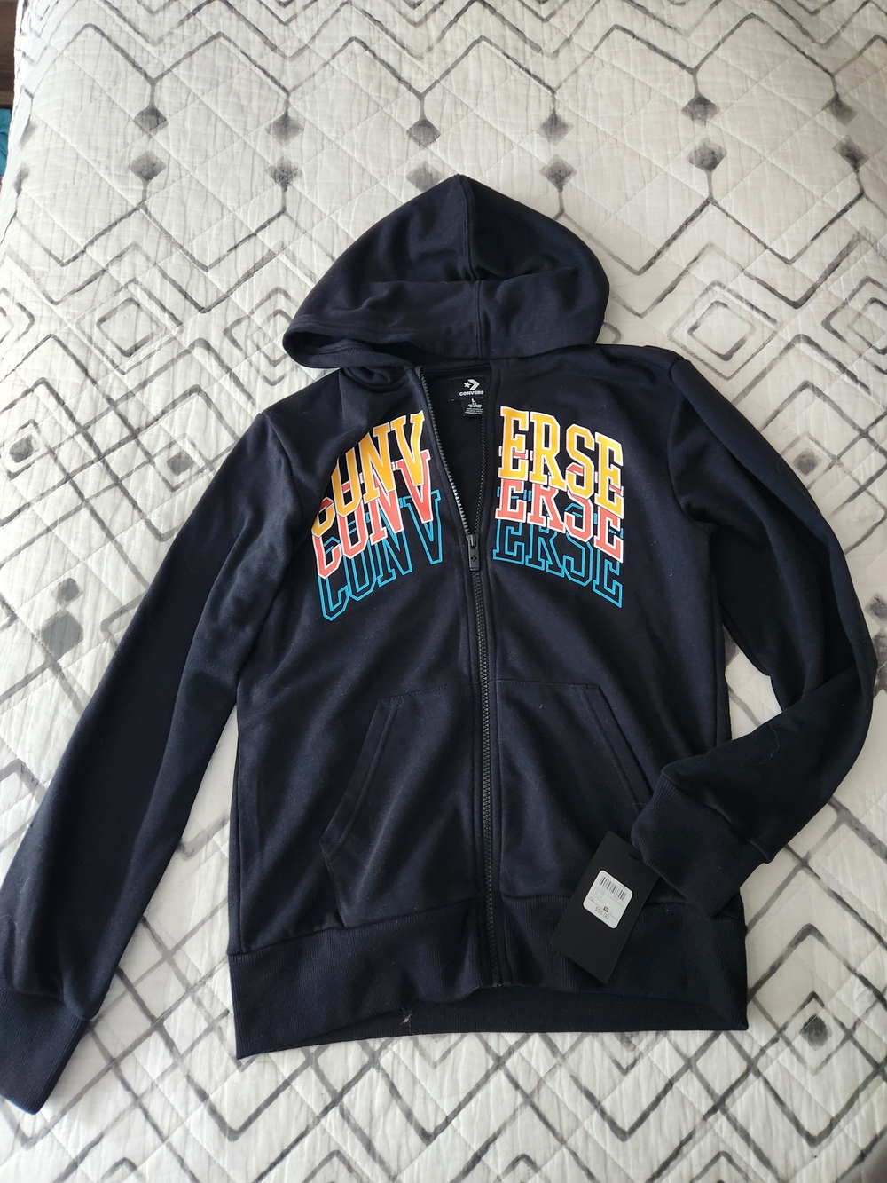 Converse Kids Black Zip-Up Hoodie with Colorblock Logo - Size Large